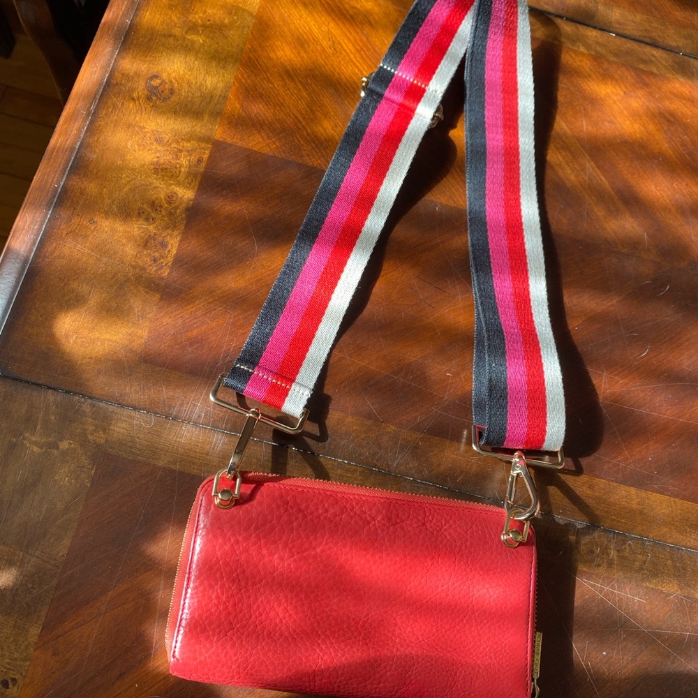 Tory Burch Red Leather Crossbody Wallet with Multicolor Stripe Strap - Picture 3 of 10